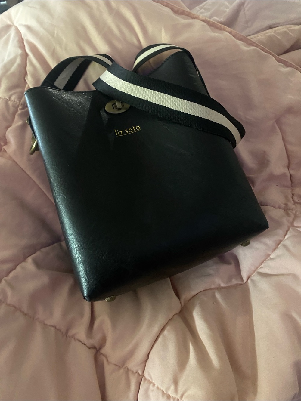 Liz Soto Black Leather Messenger Bag with Striped Strap